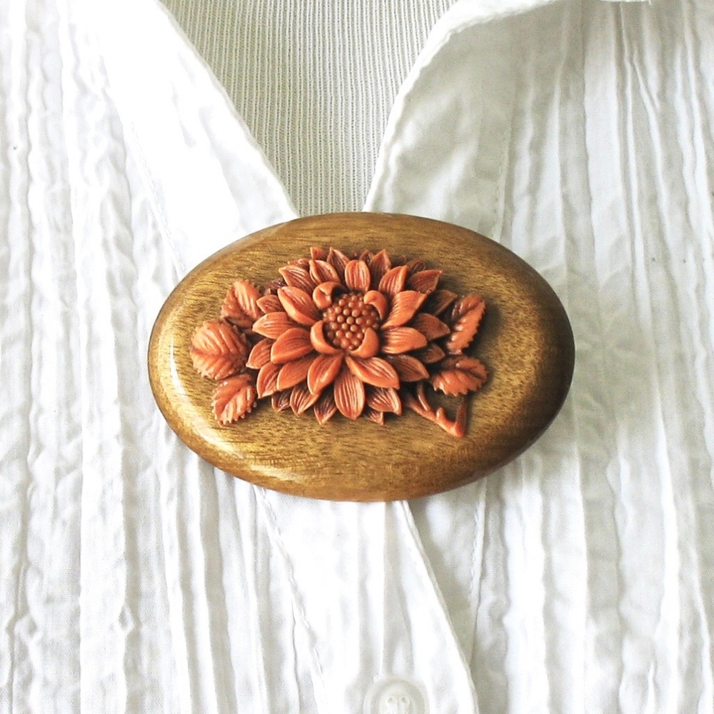 Floral Celluloid Brooch, Wooden Frame, 1930's
